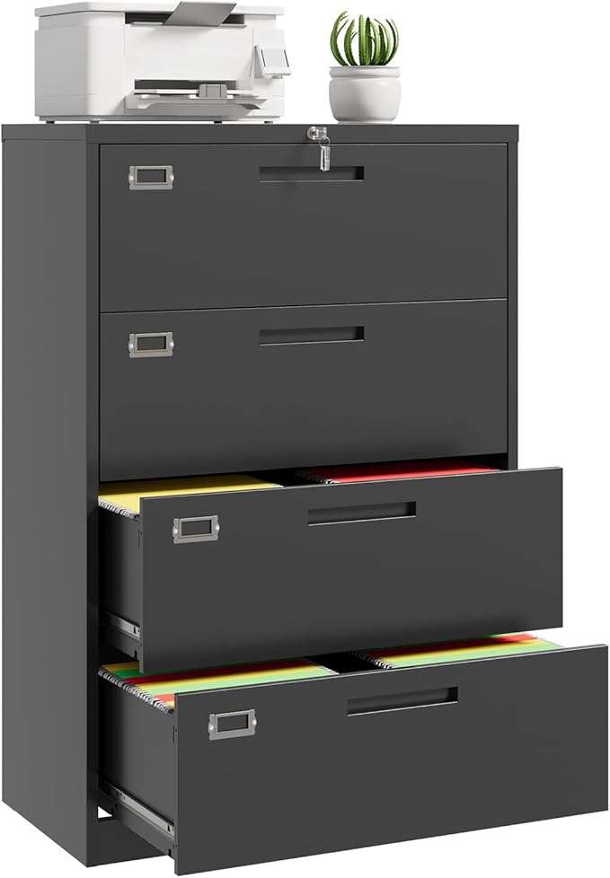 File Cabinet 4 Drawer, Lateral Filing Cabinet with Lock, Metal File Cabinets for Home Office, Office Cabinet for Hanging Files Letter/Legal/F4/A4, Assembly Required, Black