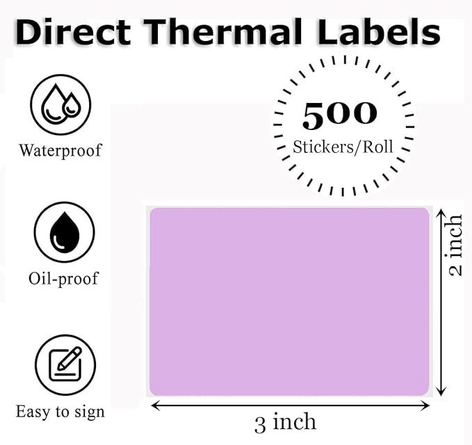 3" x 2" Thermal Labels Stickers Purple, Square Thermal Shipping Stickers, Multipurpose Inventory Self-Adhesive Direct Thermal Label for Small Business (500 Labels/Roll)