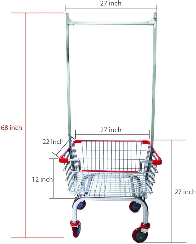Laundry Cart Chrome Coated with Double Pole Rack, 2.5-Bu (Red or Blue Trim) (Blue)