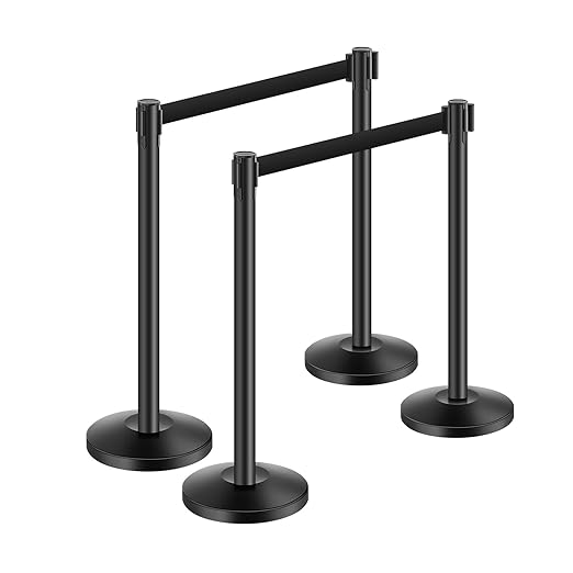 VEVOR Stanchion Post, 4 Pcs Stanchions with Retractable Belts, Carbon Steel Black Stanchions Queue with Sand Injection Hollow Base, Crowd Control Barriers for Theaters, Parties, Weddings, Exhibitions