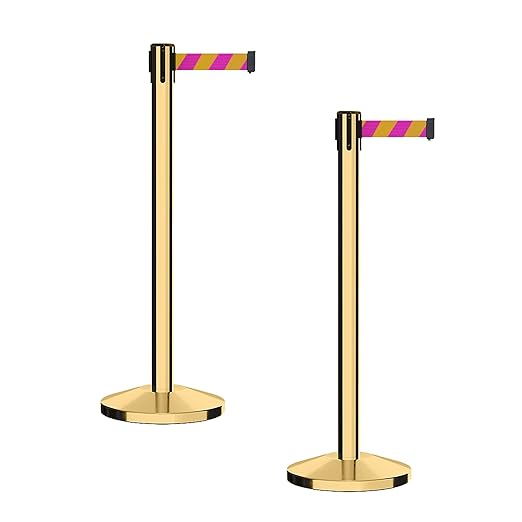 CCW Series RBB-100 - Set of 2 Stanchion Retractable Belt Barriers (7.5 Foot Belt, Magenta and Yellow Diagonal Belt with Polished Brass Post)