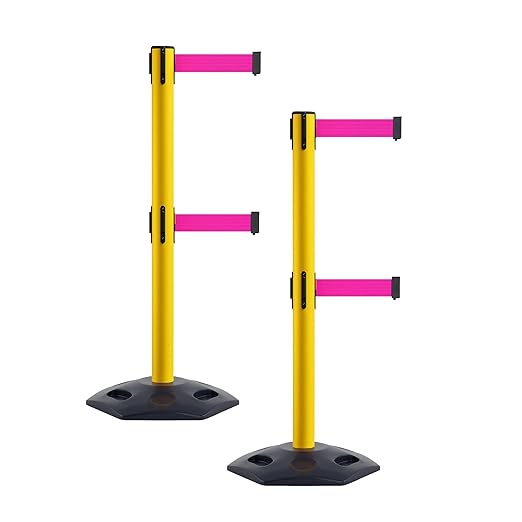 CCW Series WBB-200D - Set of 2 Retractable Dual Belt Stanchion Safety Barrier, Heavy-Duty Rubber Base Yellow Post (11 Foot Belt, Fluorescent Pink Belt)