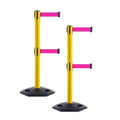 CCW Series WBB-200D - Set of 2 Retractable Dual Belt Stanchion Safety Barrier, Heavy-Duty Rubber Base Yellow Post (11 Foot Belt, Fluorescent Pink Belt)