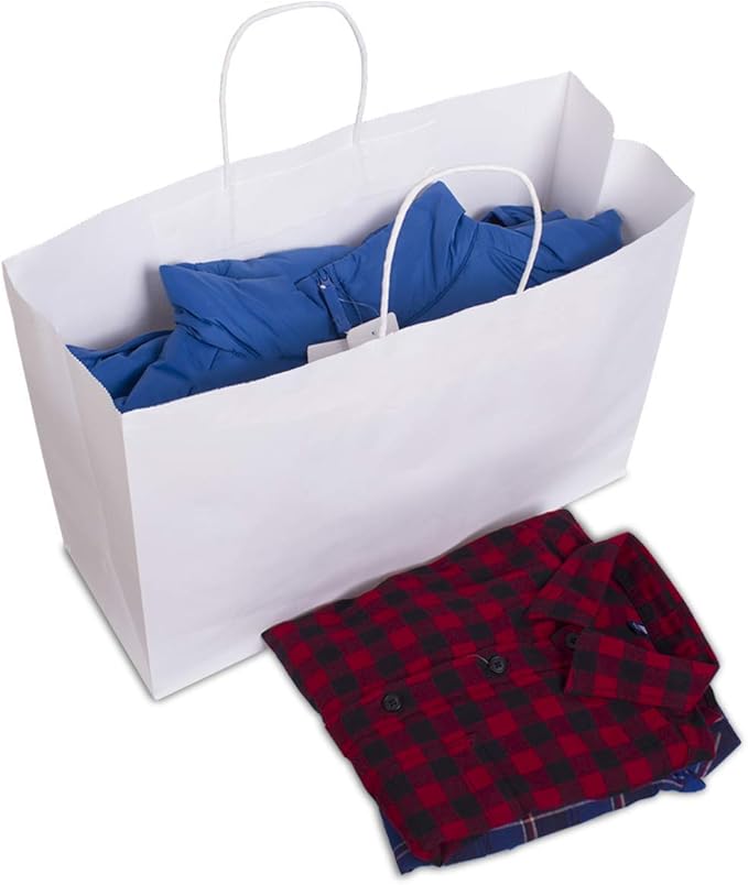 BagDream 100Pcs 16x6x12 Inches Kraft Paper Bags with Handles Bulk, Large Shopping Bags for Gifts, Grocery, Merchandise, Party Favor, Take-out, Recyclable White Paper Sacks