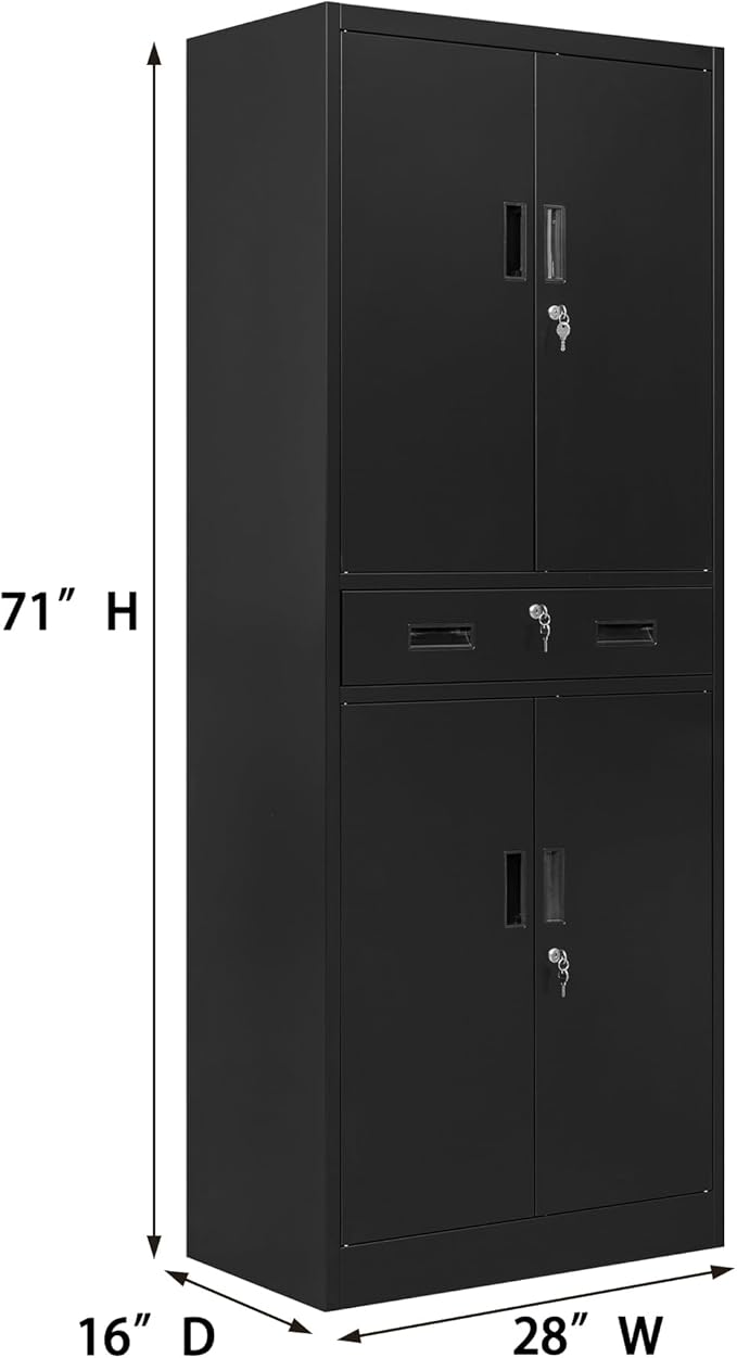Metal Storage Cabinet, 71" H x 28" W x 16" D Locking Storage Cabinet with Adjustable Shelves and One Drawer, Steel Cabinet for Office, Garage, Home, School, Utility (Black)