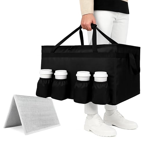 Insulated Food Delivery Bag with 4 Cup Holder and Bottom Support, XXX-Large Insulated Grocery Bags Keep Food Hot/Cold, Cooler Bags with Drink Carrier, Food Carrier Catering Bag for Events,Black