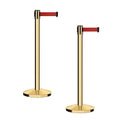 CCW Series RBB-100 - Set of 2 Stanchion Retractable Belt Barriers (9 Foot Belt, Red Belt with Polished Brass Post)