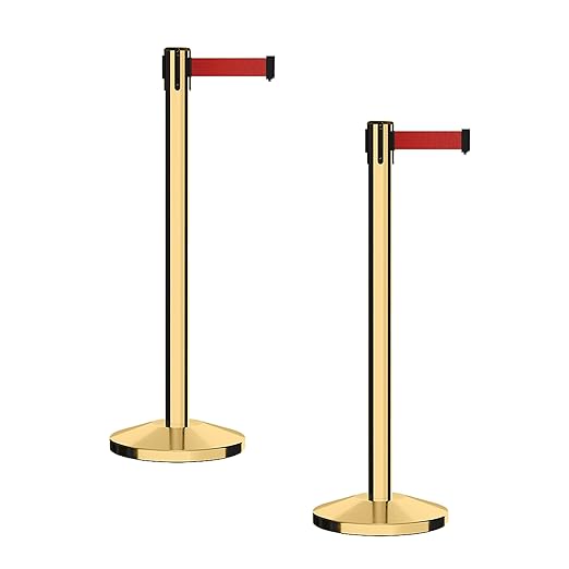 CCW Series RBB-100 - Set of 2 Stanchion Retractable Belt Barriers (11 Foot Belt, Red Belt with Polished Brass Post)