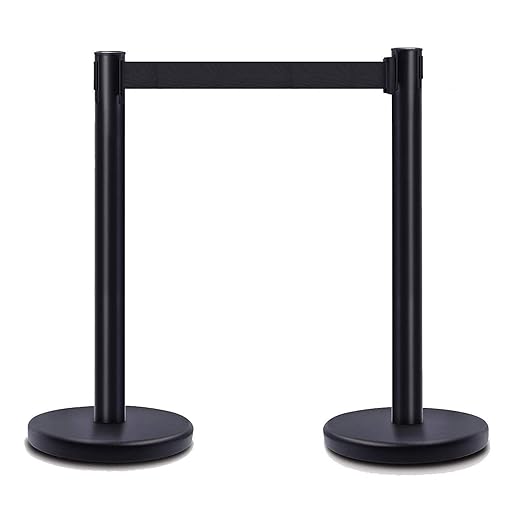 DuraSteel Black Crowd Control Barriers Stanchions with Retractable Belts - Metal Stanchion Posts w/ 6.5ft Black Retractable Barrier Belt Ropes - Queue VIP Safety Line Dividers - Set of 2 Stantions