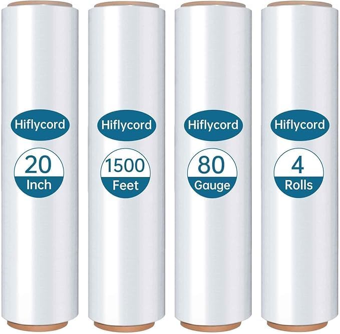Stretch Film Shrink Wrap Roll 20" x 1500FT, Heavy Duty 80 Gauge Stretch Wrap Roll, Industrial Plastic Wrap for Moving, 800% Stretch for Packing, Pallets, Shipping&Furniture Protection(4 Roll Clear)