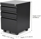 Black Metal 3-Drawer Mobile File Cabinet with Lock, Letter/Legal/A4 Filing Drawer, Rolling Office Storage with 5 Casters, Fits Under Desk, 15.35" W x 17.71" D x 23.62" H