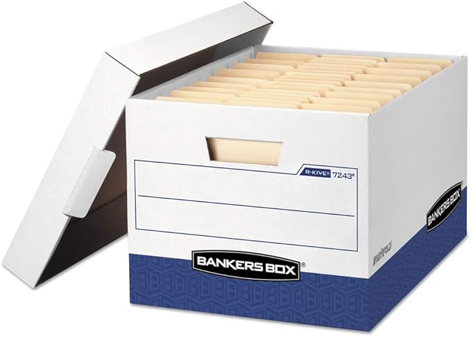 Bankers Box 07243 R-Kive Max Storage Box, Letter/legal, Locking Lid, White/blue, 12/carton