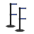 CCW Series WBB-200D - Set of 2 Retractable Dual Belt Barrier Stanchion, Heavy Duty Rubber Base, Black Post (9 Foot Belt, Black with Horizontal Blue Stripe Belt)