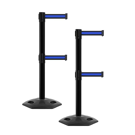 CCW Series WBB-200D - Set of 2 Retractable Dual Belt Barrier Stanchion, Heavy Duty Rubber Base, Black Post (9 Foot Belt, Black with Horizontal Blue Stripe Belt)
