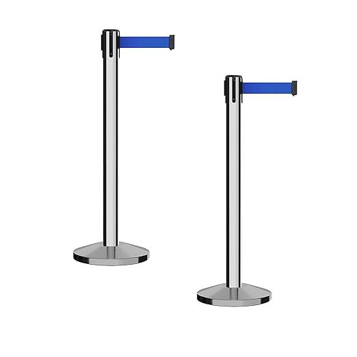 Crowd Control Warehouse CCW Series RBB-150 - Set of 2 Stanchion Retractable Belt Barriers - 16 Foot, Blue Belt with Polished Stainless Steel Post - Easy Assembly