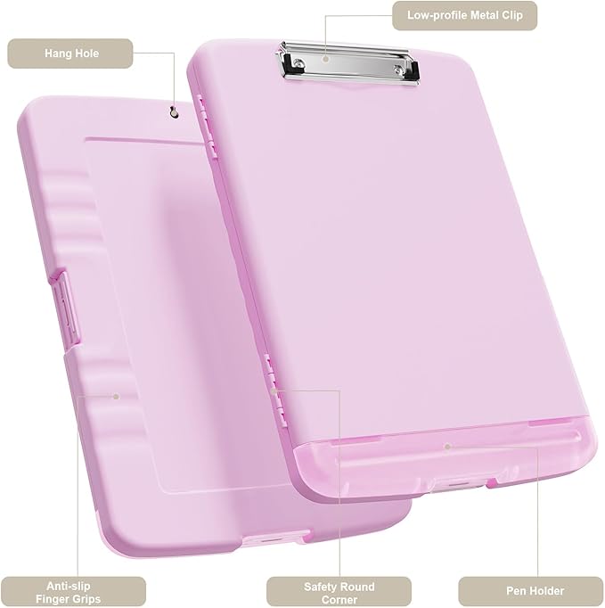 Piasoenc Clipboard with Storage, 8.5 x 11 Organization Box with Pen Holder and A4 Legal Paper Folder, Folio & Side-Opening, Low Profile Clip,for Nurses,Teachers, Size 14 x 9.6 x 1.2 in, Deep Pink