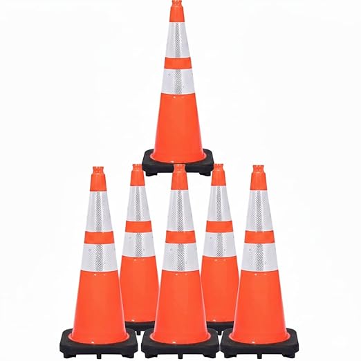 6 Pack 28" Inch Orange Traffic Safety Cones with Dual Reflective Collars - High Visibility Industrial Pylons Traffic Cones for Road, Parking Lots, Driving, Construction
