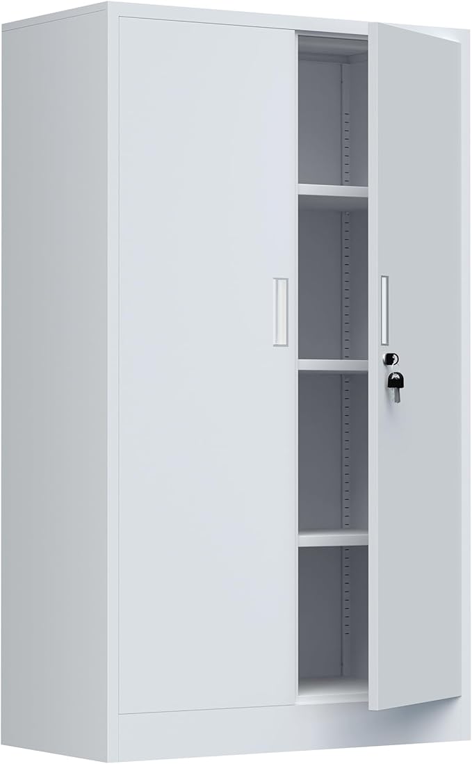 Metal Storage Cabinet with Locking Doors and Adjustable Shelves, 53.5-Inch Tall Lockable Storage Cabinets for Home Office Garage Kitchen Pantry (White)