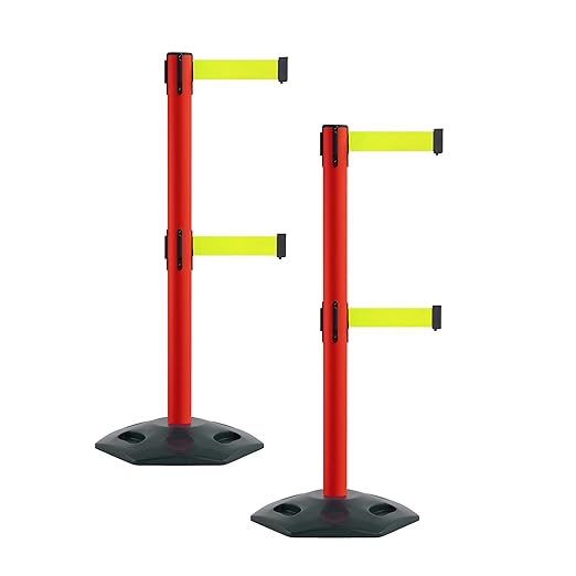 Montour Line MSR630D Set of 2 Retractable Belt Barrier Stanchion, Heavy-Duty Rubber Base, Red Post (7.5 ft Fluorescent Yellow Dual Belt)