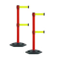 Montour Line MSR630D Set of 2 Retractable Belt Barrier Stanchion, Heavy-Duty Rubber Base, Red Post (7.5 ft Fluorescent Yellow Dual Belt)