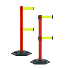 Montour Line MSR630D Set of 2 Retractable Belt Barrier Stanchion, Heavy-Duty Rubber Base, Red Post (11 ft Fluorescent Yellow Dual Belt)