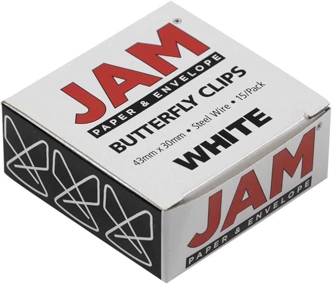 JAM PAPER Colorful Butterfly Clips - White Paper Clamps - 15/Pack