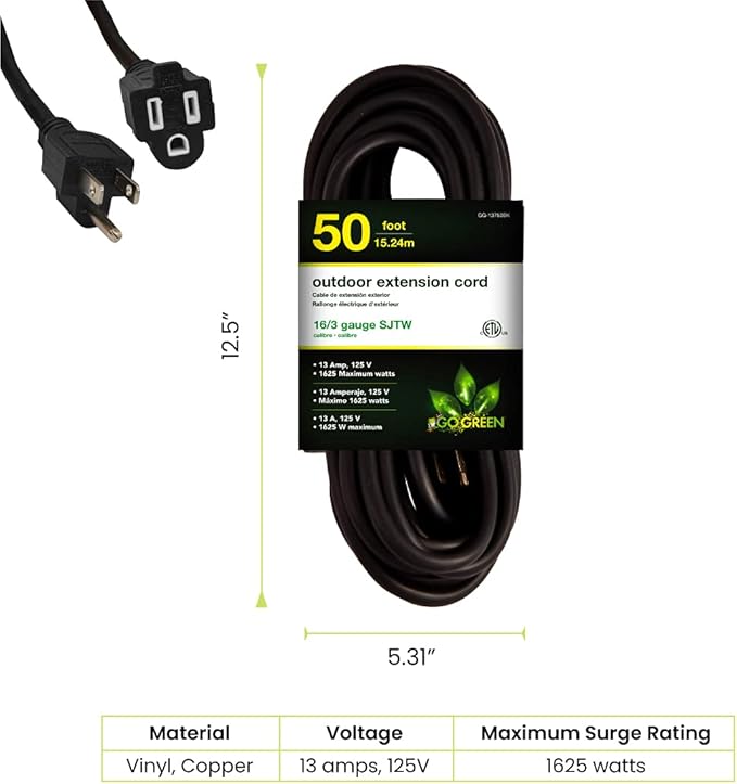Go Green Power Inc. 16/3 50ft Black Outdoor Extension Cord - Durable, Heavy Duty, Moisture Resistant - Ideal for Tools & Equipment - GG-13750BK