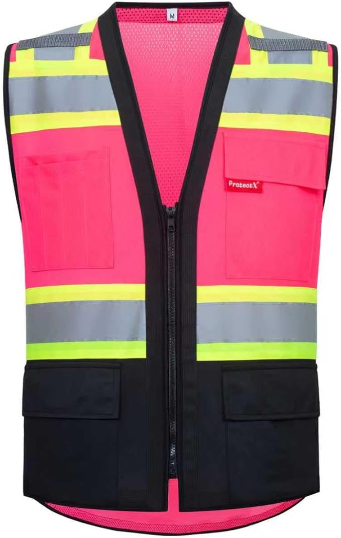 ProtectX 6 Pockets High Visibility Safety Vest for Men Women Class 2 Reflective Hi Vis Work Construction Vest