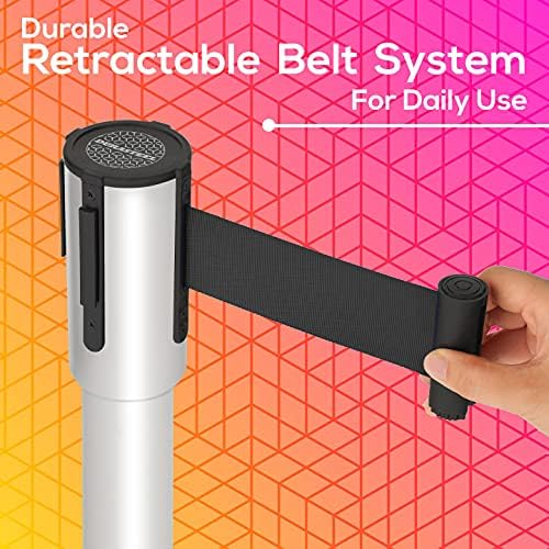 DuraSteel Chrome Crowd Control Barriers Stanchions with Retractable Belts - Metal Stanchion Posts w/ 6.5ft Black Retractable Barrier Belt Ropes - Queue VIP Safety Line Dividers - Set of 2 Stantions