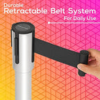 DuraSteel Chrome Crowd Control Barriers Stanchions with Retractable Belts - Metal Stanchion Posts w/ 6.5ft Black Retractable Barrier Belt Ropes - Queue VIP Safety Line Dividers - Set of 2 Stantions