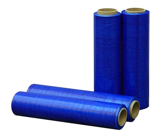 APQ 4 Rolls of Blown Hand Stretch Film 18" x 1500'. Blue Hand Stretch Wrap, 80 Gauge. Tear Resistant Residue Free Film for Moving, Shipping, Wrapping. Industrial Grade Pallet Shrink Wrap Film.