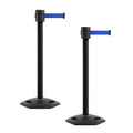 Montour Line MSR760 Set of 2 Retractable Belt Barrier Stanchion, Rubber Base, Black Powder Coated Post (35 ft Blue Belt)