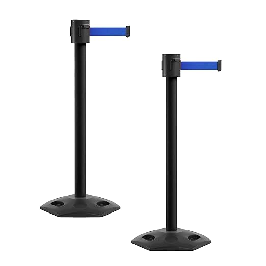 Montour Line MSR760 Set of 2 Retractable Belt Barrier Stanchion, Rubber Base, Black Powder Coated Post (35 ft Blue Belt)