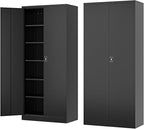 Metal Storage Cabinet-72” Black Tall Steel File Cabinets with Lockable Doors and Adjustable Shelves-Black Steel Storage Cabinet for Kitchen, Office, Garage
