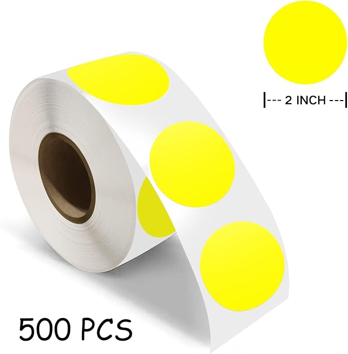 500 PCS Dot Sticker Tape 2" Inch Round Color Coding Labels Removable Writable Circle Floor Decal for Marking Organizing Social Distancing Yellow