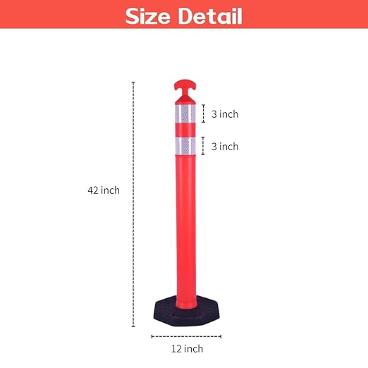 Reflective Rubber Base Traffic Delineator Post - Heavy-Duty Safety Bollards for Parking Lot Markers, Road Construction, Driveway Warning - with Reflective Strips (6 Pack - 42 Inch)