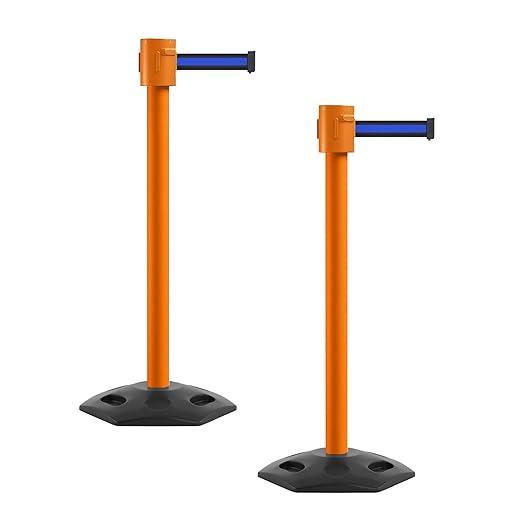 Montour Line MSR760 Set of 2 Retractable Belt Barrier Stanchion, Rubber Base, Orange Post (35 ft Black with Horizontal Blue Stripe Belt)