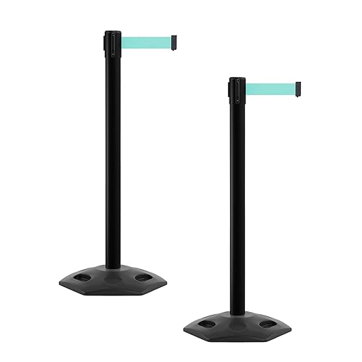 Crowd Control Warehouse CCW Series WBB-200 - Set of 2 Stanchion Retractable Belt Barriers - 11 Foot, Light Green Belt with Black Post - Easy Assembly