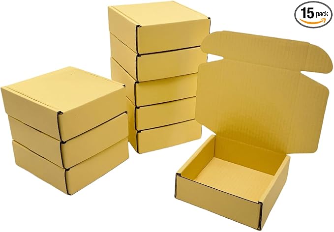 15 Pcs Corrugated Cardboard Gift Boxes Recyclable Shipping Boxes for Mailing & Holidays, Wedding, Birthday, Gifts Packaging (Butter Yellow, 6 x 6 x 2")