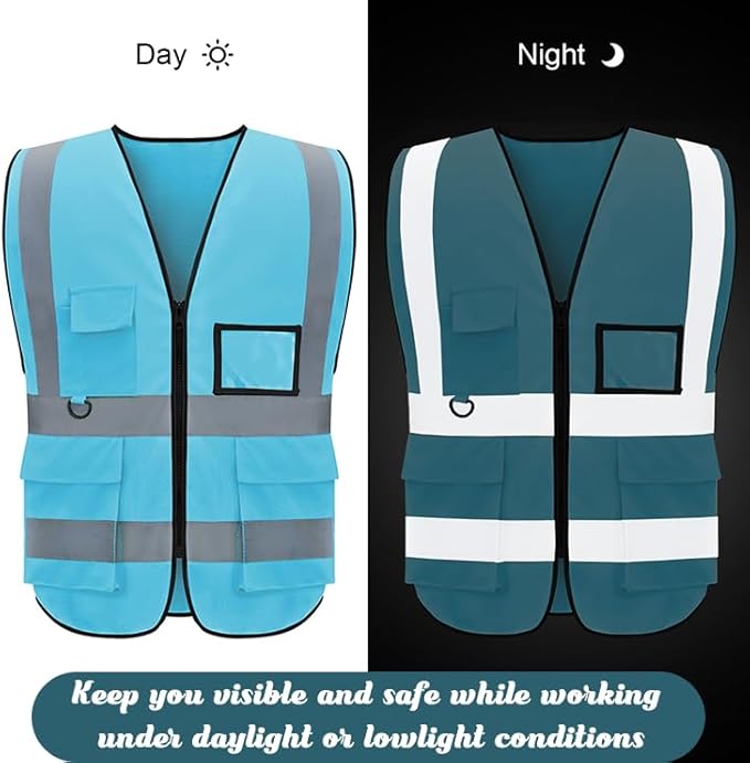 BeautyWill Safety Vest 1 pcs Customize Logo Class 2 High Visibility Reflective Vest with 5 Pockets Construction Security Work Vest ANSI/ISEA Standards
