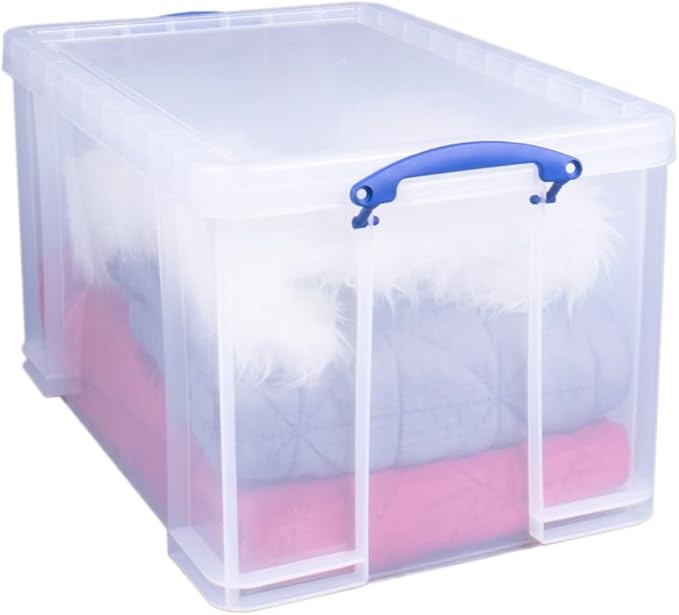 Really Useful Box 84 Liter Plastic Stackable Storage Container with Snap Lid & Built-In Clip Lock Handles for Home or Office Organization, Clear