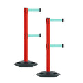 Montour Line MSR630D Set of 2 Retractable Belt Barrier Stanchion, Heavy-Duty Rubber Base, Red Post (9 ft Light Green Dual Belt)