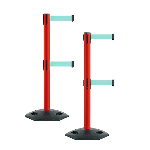 Montour Line MSR630D Set of 2 Retractable Belt Barrier Stanchion, Heavy-Duty Rubber Base, Red Post (9 ft Light Green Dual Belt)