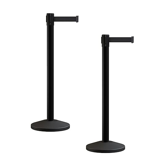Crowd Control Warehouse CCW Series RBB-100 - Set of 2 Stanchion Retractable Belt Barriers - 7.5 Foot, Black Belt with Black Post - Easy Assembly