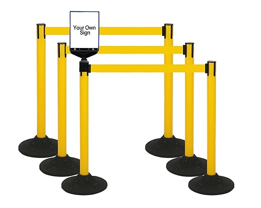 41" Yellow Crowd Control Stanchion Set, Stable Heavy-Duty Rubber Base with 10 Feet Retractable Belt Crowd Control Barriers, Retractable stanchions for Outdoor Safety (6 Pack)