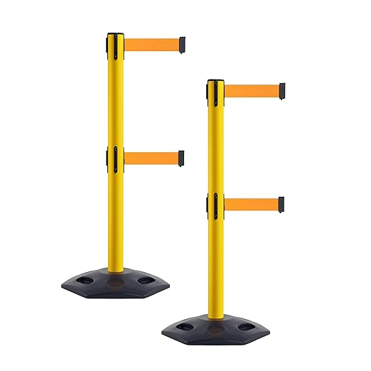 CCW Series WBB-200D - Set of 2 Retractable Dual Belt Stanchion Safety Barrier, Heavy-Duty Rubber Base Yellow Post (9 Foot Belt, Fluorescent Orange Belt)