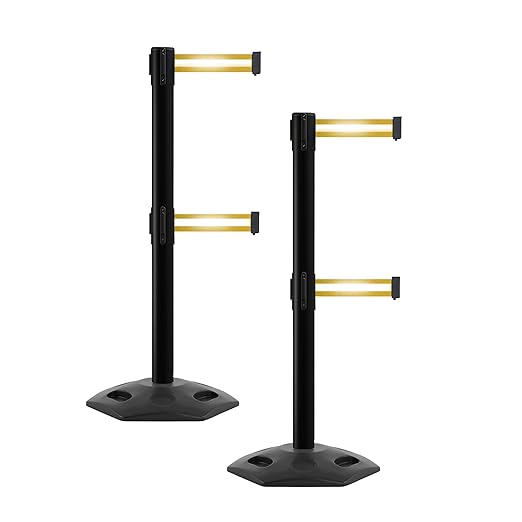 CCW Series WBB-200D - Set of 2 Retractable Dual Belt Barrier Stanchion, Heavy Duty Rubber Base, Black Post (7.5 Foot Belt, Yellow with Horizontal Reflective Stripe Belt)