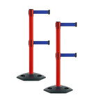 Montour Line MSR630D Set of 2 Retractable Belt Barrier Stanchion, Heavy-Duty Rubber Base, Red Post (11 ft Dark Blue Dual Belt)