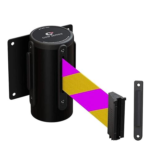 Crowd Control Warehouse - CCW Series WMB-125 Fixed Wall Mount Retractable Belt Barrier - 11 Foot, Yellow & Magenta Diagonal Stripes Belt with Black Steel Case