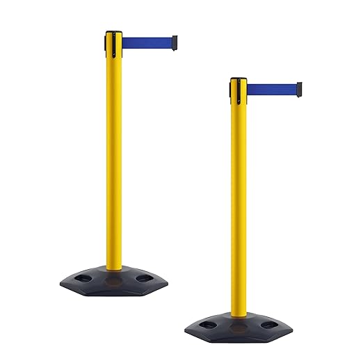 Crowd Control Warehouse CCW Series WBB-200 - Set of 2 Stanchion Retractable Belt Barriers - 11 Foot, Dark Blue Belt with Yellow Post - Easy Assembly